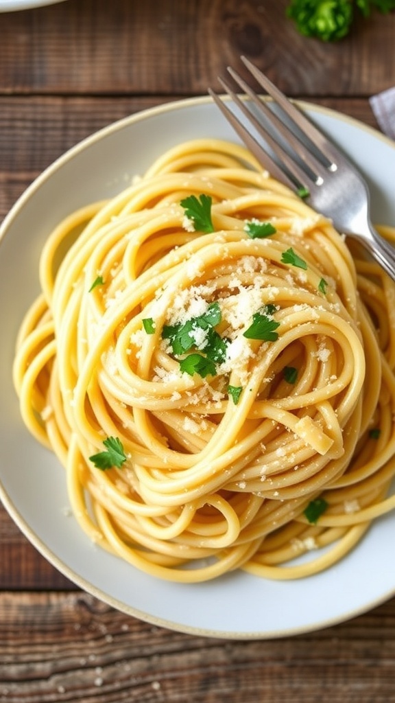 A serving of garlic parmesan pasta topped with parmesan cheese and parsley on a rustic table.